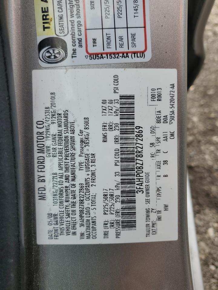 2008 Ford Fusion VIN 3FAHP08Z78R272869 Copart auction photo, rear end / side damage thumbnail 12