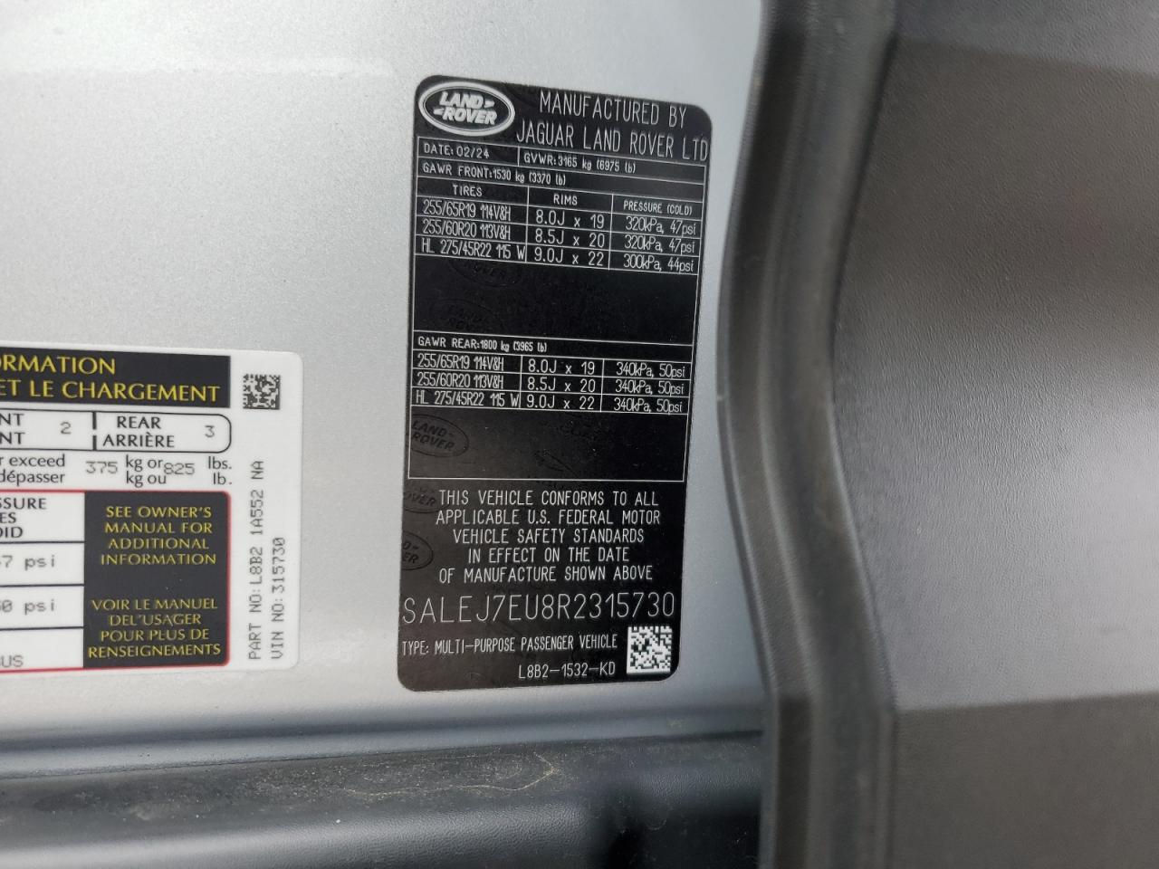 2024 Land Rover Defender VIN SALEJ7EU8R2315730 Copart auction photo, side damage thumbnail 14