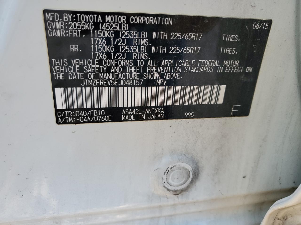 2015 Toyota RAV 4 VIN JTMZFREV5FJ048157 Copart auction photo, front end damage thumbnail 13