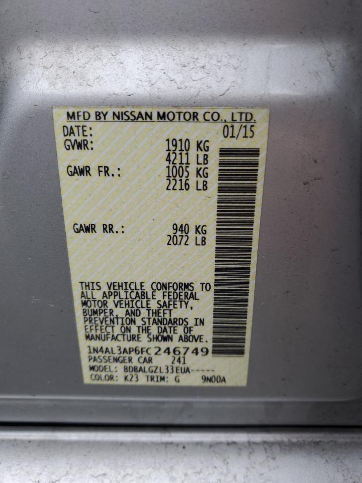 2015 Nissan Altima VIN 1N4AL3AP6FC246749 Copart auction photo, front end / minor dent/scratches damage thumbnail 12