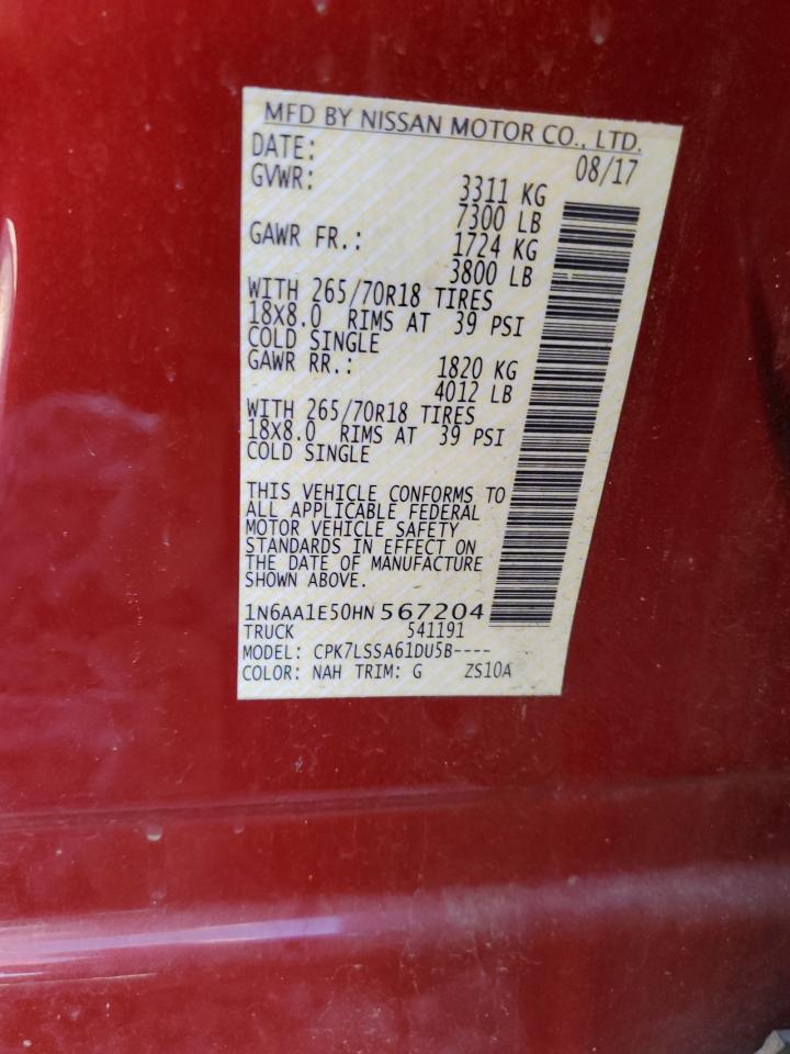 2017 Nissan Titan VIN 1N6AA1E50HN567204 Copart auction photo, front end / rear end damage thumbnail 12
