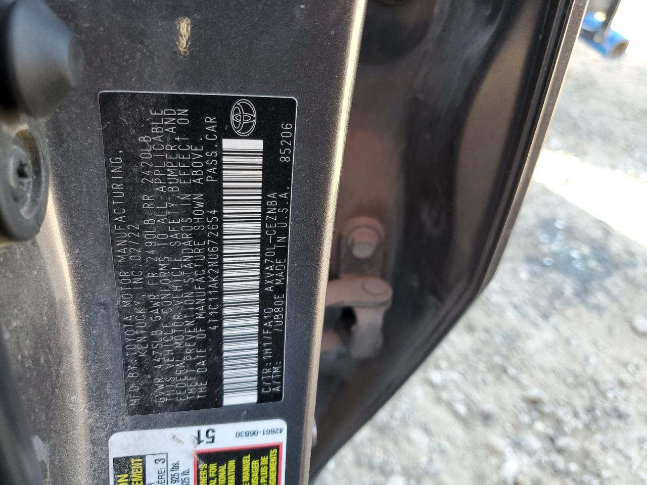 2022 Toyota Camry VIN 4T1C11AK2NU672654 Copart auction photo, front end damage thumbnail 13