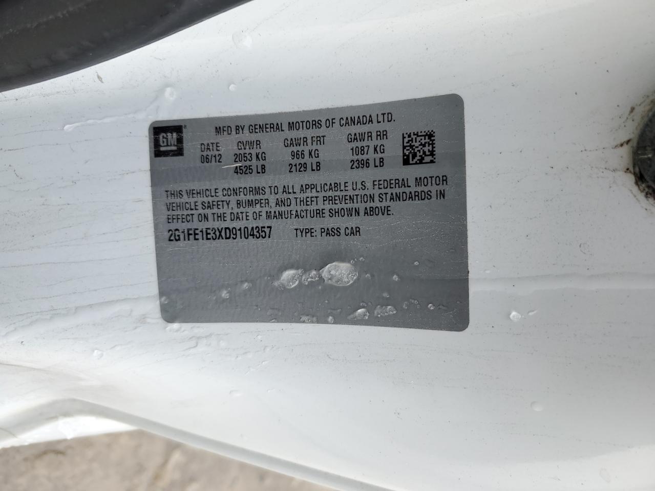 2013 Chevrolet Camaro VIN 2G1FE1E3XD9104357 Copart auction photo, front end / side damage thumbnail 14