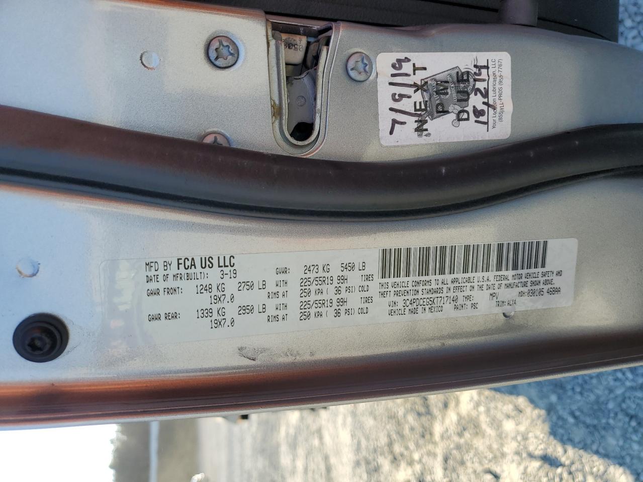 2019 Dodge Journey VIN 3C4PDCEG5KT717140 Copart auction photo, front end damage thumbnail 14