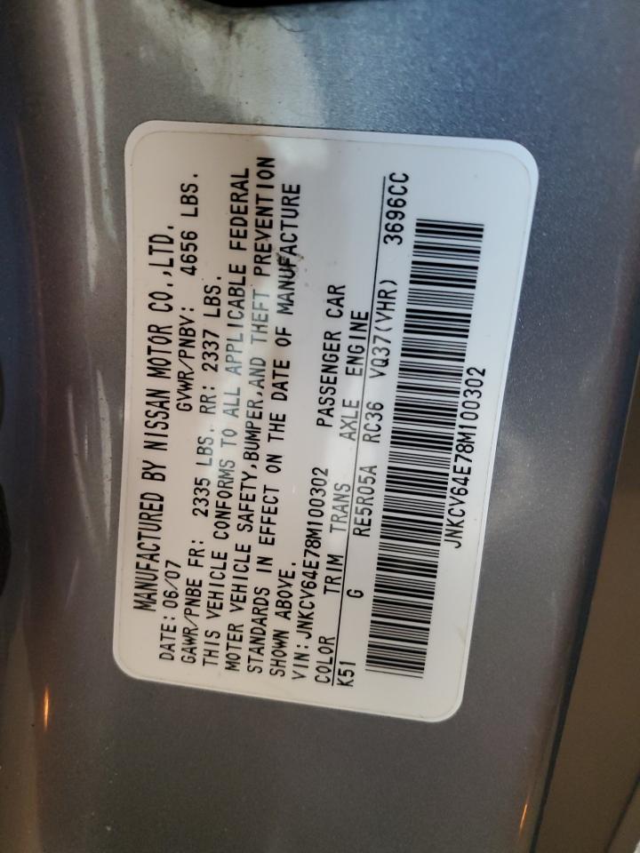 2008 Infiniti G VIN JNKCV64E78M100302 Copart auction photo, minor dent/scratches / undercarriage damage thumbnail 12
