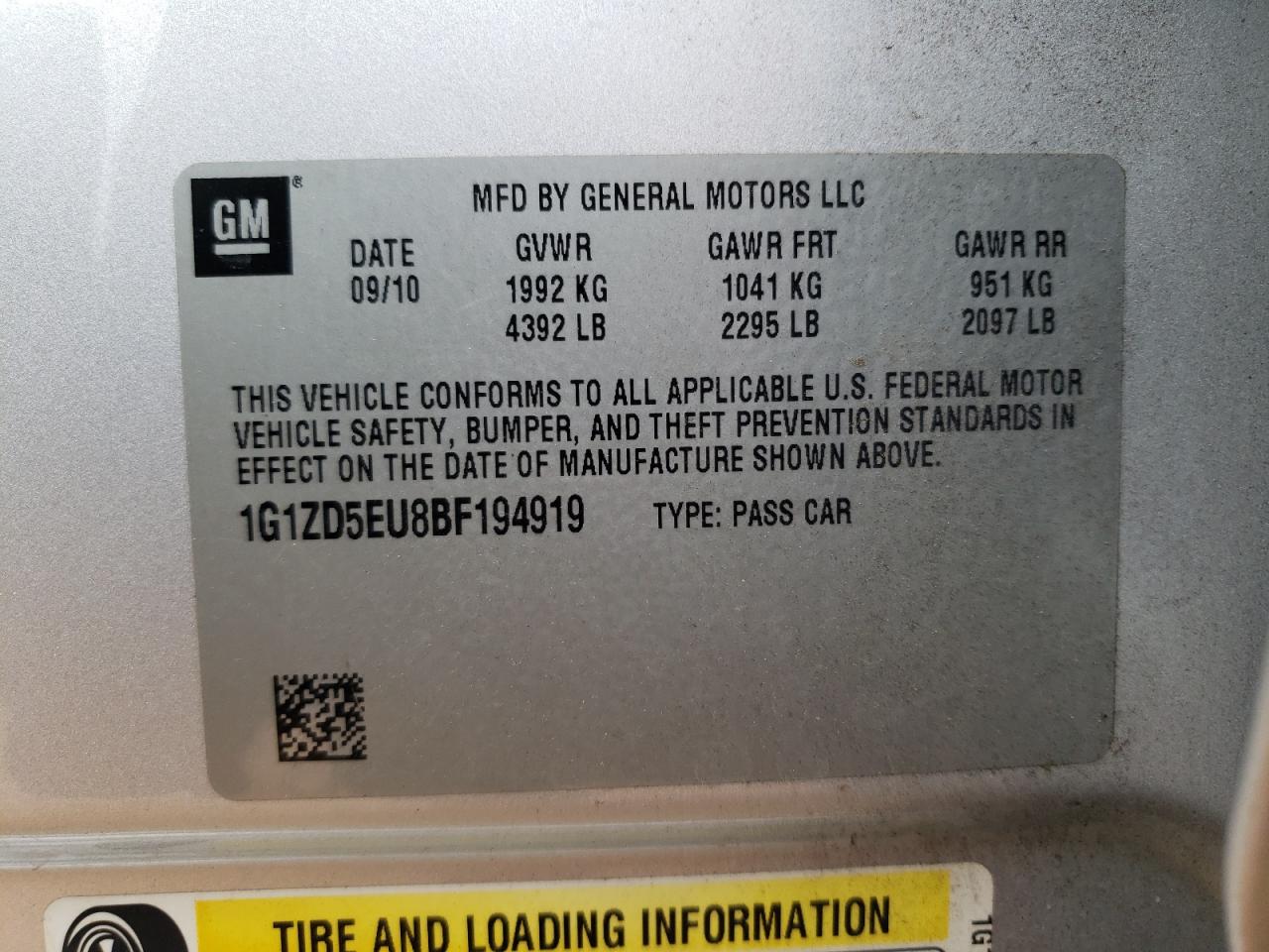 2011 Chevrolet Malibu VIN 1G1ZD5EU8BF194919 Copart auction photo, front end / rear end damage thumbnail 15