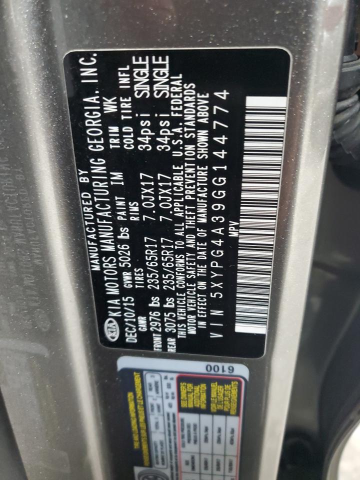 2016 KIA Sorento VIN 5XYPG4A39GG144774 Copart auction photo, all over damage thumbnail 13