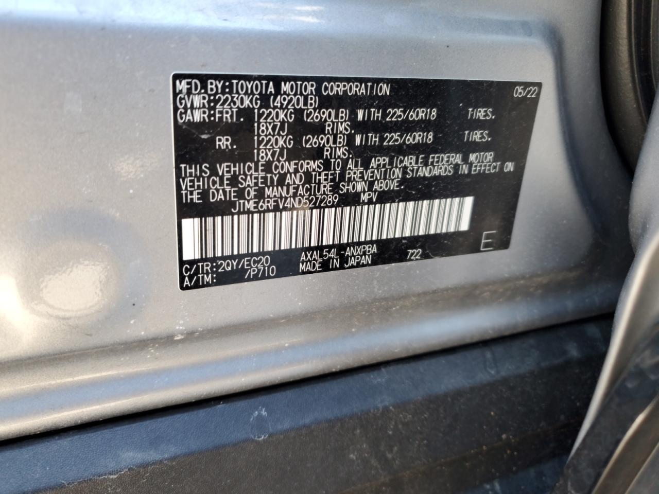 2022 Toyota RAV 4 VIN JTME6RFV4ND527289 Copart auction photo, rear end damage thumbnail 14