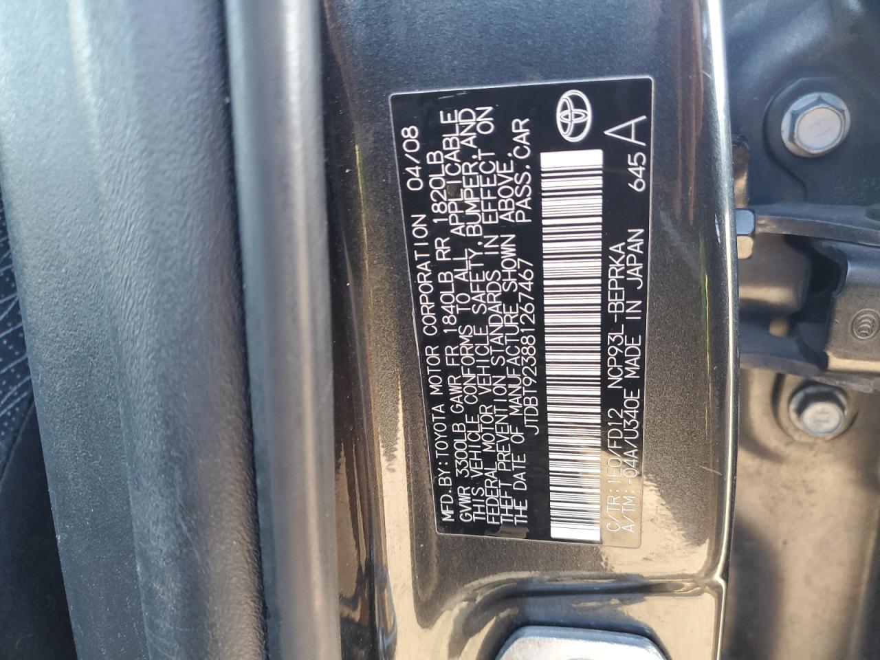 2008 Toyota Yaris VIN JTDBT923881267467 Copart auction photo, side / front end damage thumbnail 14