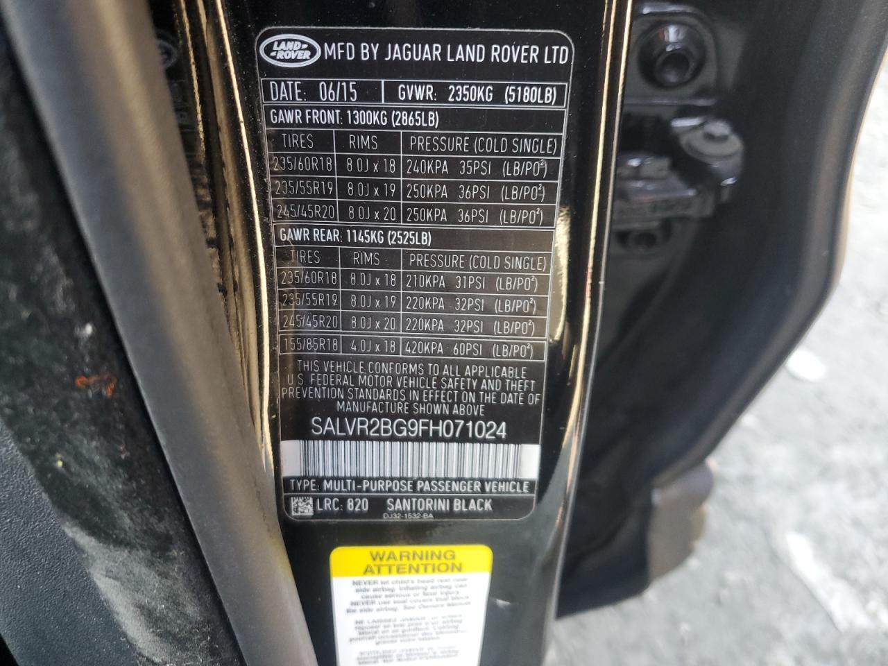 2015 Land Rover Range Rover VIN SALVR2BG9FH071024 Copart auction photo, rear end / mechanical damage thumbnail 14