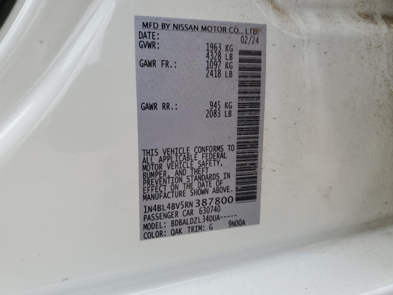 2024 Nissan Altima VIN 1N4BL4BV5RN387800 Copart auction photo, rear end damage thumbnail 12