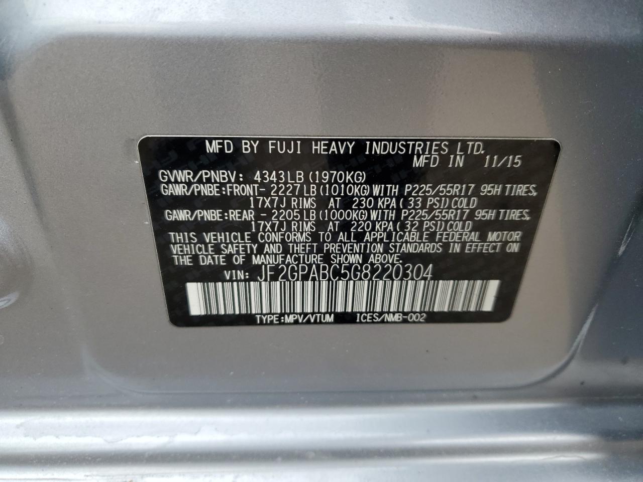 2016 Subaru XV VIN JF2GPABC5G8220304 Copart auction photo, side damage thumbnail 12