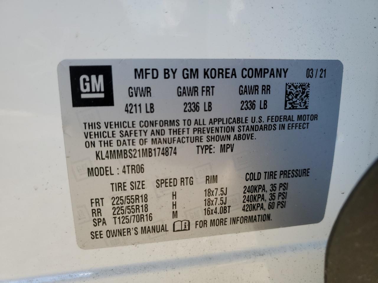 2021 Buick Encore VIN KL4MMBS21MB174874 Copart auction photo, front end / side damage thumbnail 15