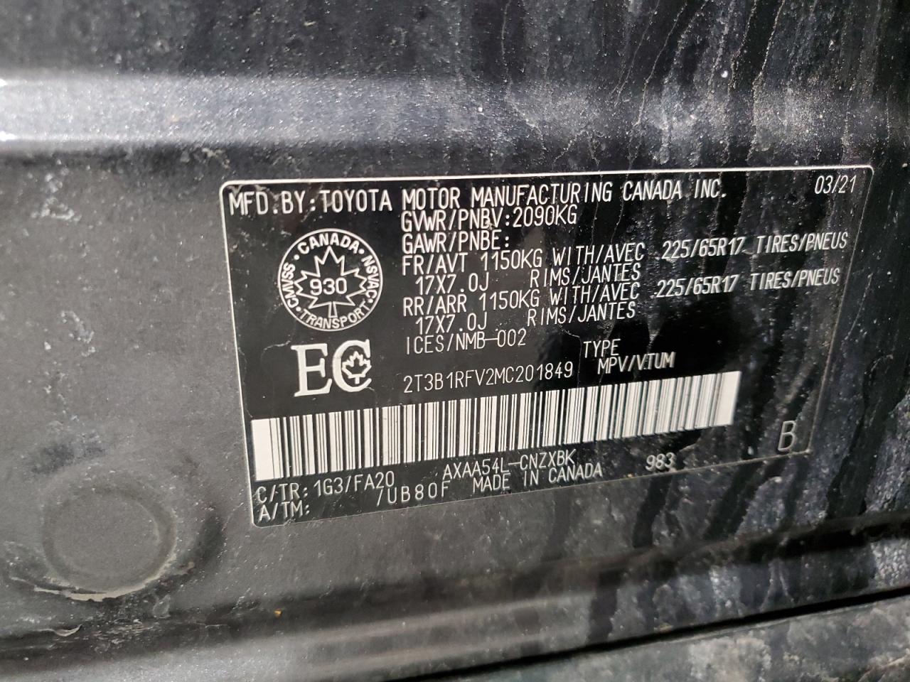 2021 Toyota RAV 4 VIN 2T3B1RFV2MC201849 Copart auction photo, front end / side damage thumbnail 13