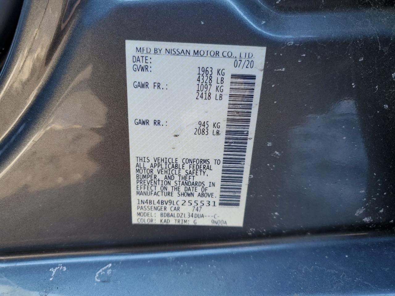 2020 Nissan Altima VIN 1N4BL4BV9LC255531 Copart auction photo, all over / undercarriage damage thumbnail 14