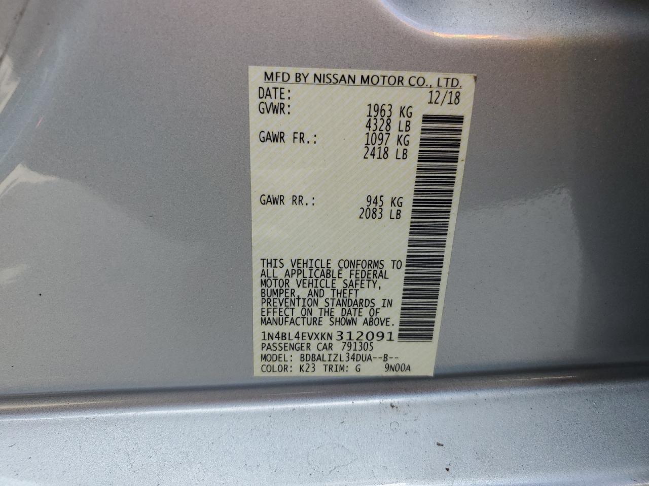 2019 Nissan Altima VIN 1N4BL4EVXKN312091 Copart auction photo, top/roof / side damage thumbnail 12