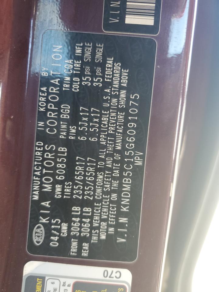 2016 KIA Sedona VIN KNDMB5C15G6091075 Copart auction photo, normal wear damage thumbnail 13