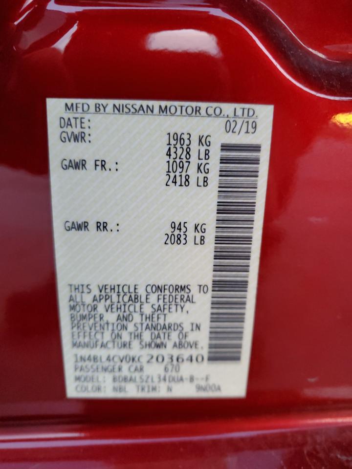 2019 Nissan Altima VIN 1N4BL4CV0KC203640 Copart auction photo, rear end damage thumbnail 12