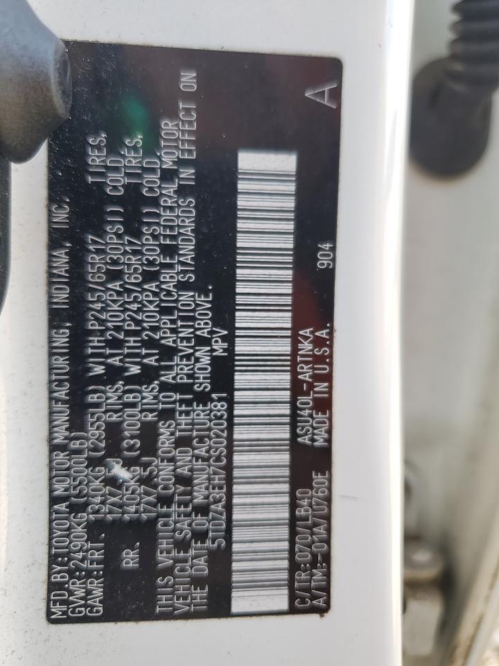 2012 Toyota Highlander VIN 5TDZA3EH7CS020381 Copart auction photo, front end damage thumbnail 16