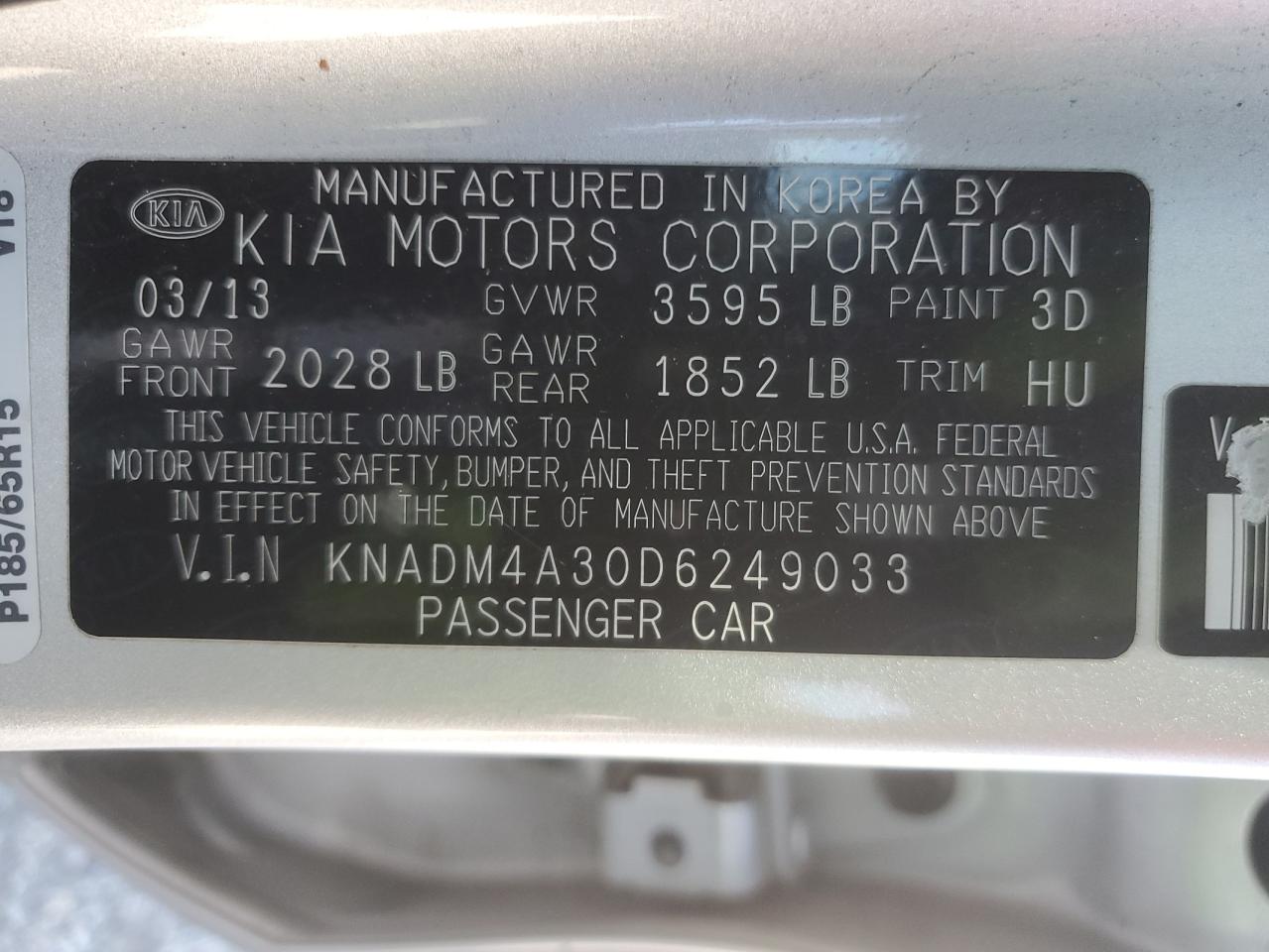 2013 KIA Rio VIN KNADM4A30D6249033 Copart auction photo, rear end / front end damage thumbnail 14