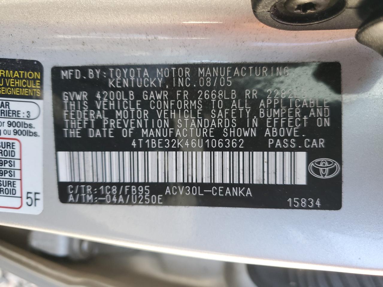 2006 Toyota Camry VIN 4T1BE32K46U106362 Copart auction photo, rear end damage thumbnail 12