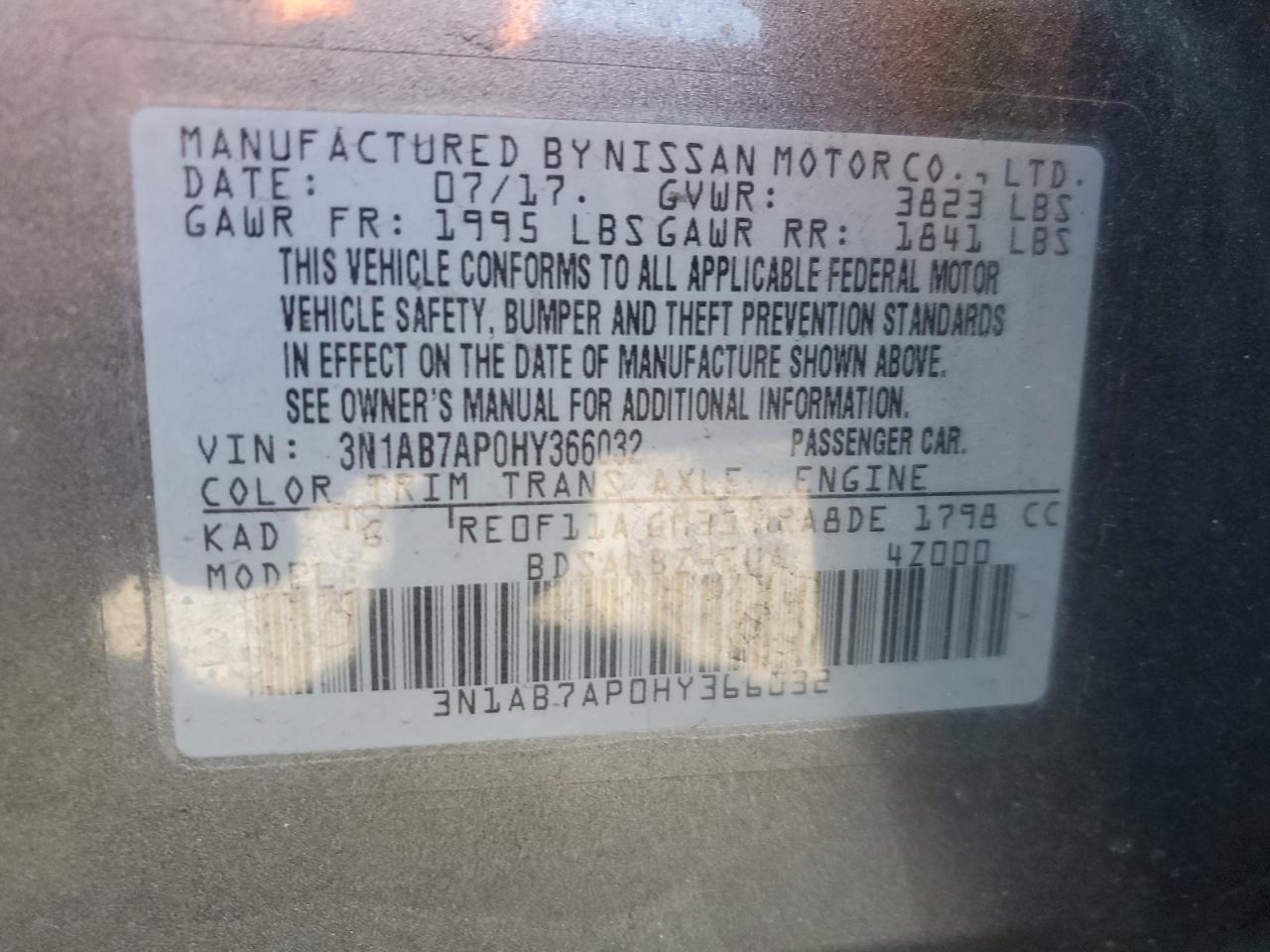 2017 Nissan Sentra VIN 3N1AB7AP0HY366032 Copart auction photo, front end / rear end damage thumbnail 12