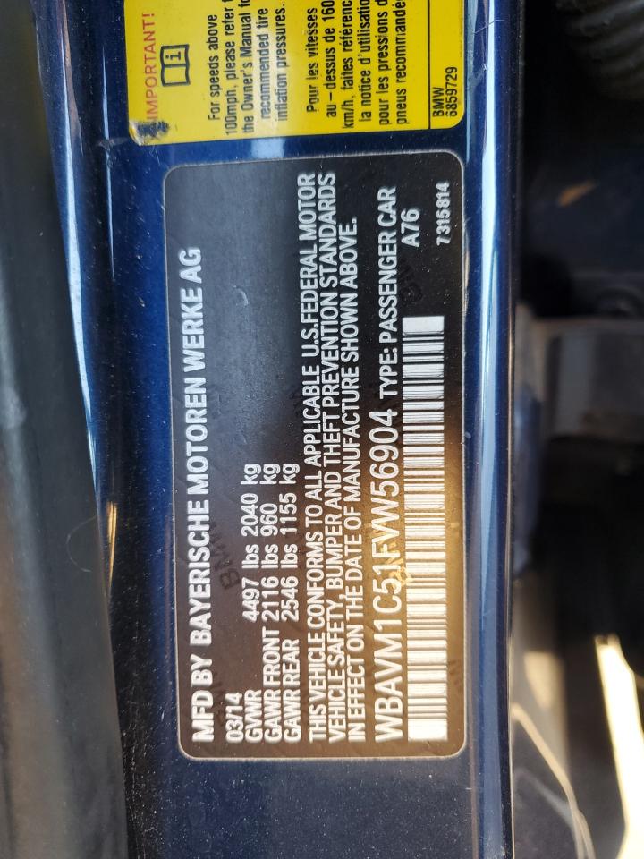 2015 BMW X1 VIN WBAVM1C51FVW56904 Copart auction photo, front end / side damage thumbnail 13