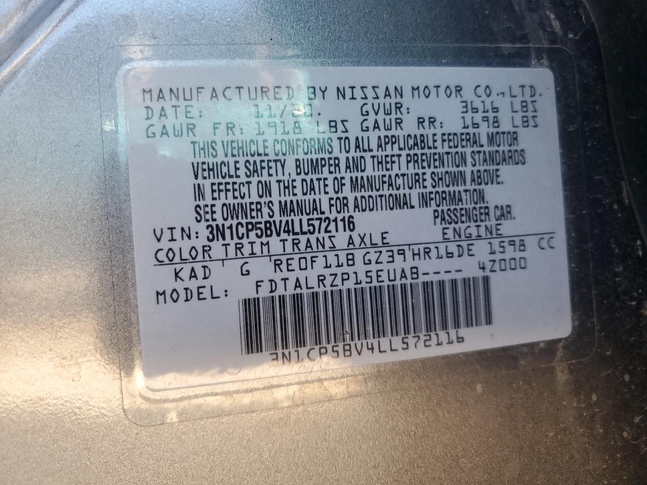 2020 Nissan Kicks VIN 3N1CP5BV4LL572116 Copart auction photo, front end / side damage thumbnail 14