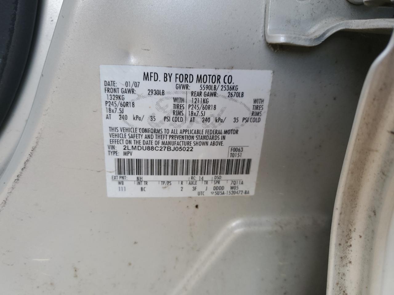 2007 Lincoln MKX VIN 2LMDU88C27BJ05022 Copart auction photo, rear end damage thumbnail 12