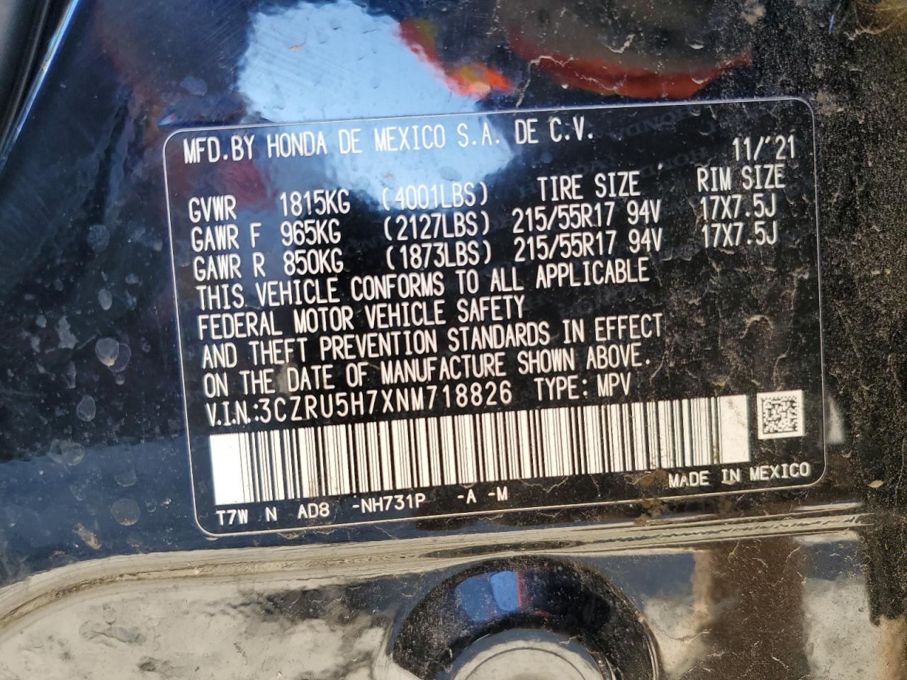 2022 Honda HR-V VIN 3CZRU5H7XNM718826 Copart auction photo, side / front end damage thumbnail 13