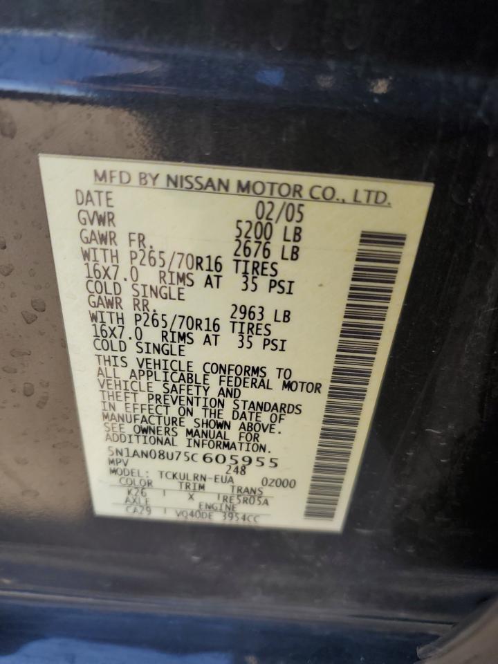 2005 Nissan XTerra VIN 5N1AN08U75C605955 Copart auction photo, rear end / side damage thumbnail 12