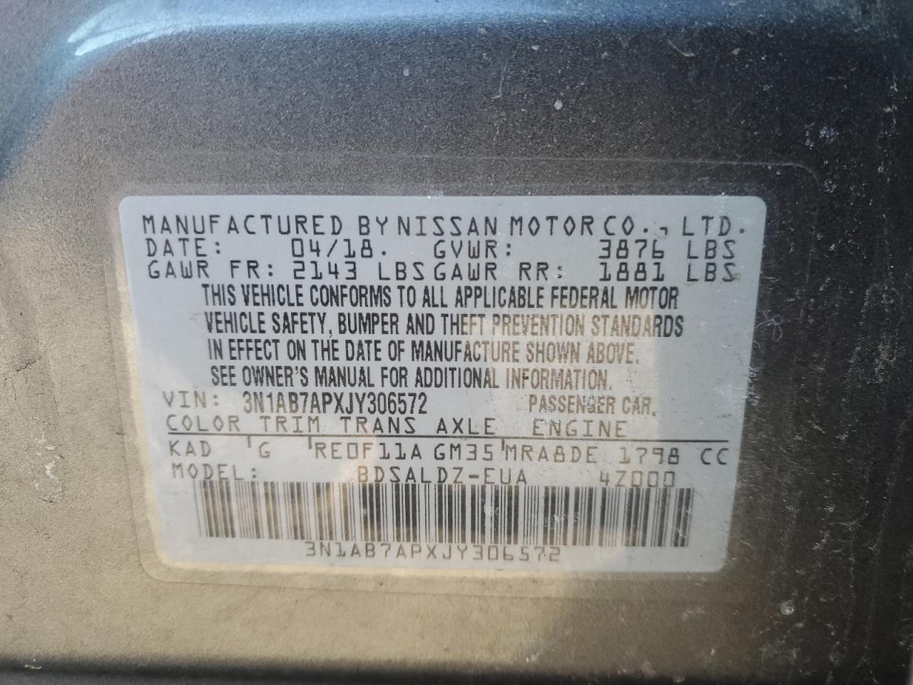 2018 Nissan Sentra VIN 3N1AB7APXJY306572 Copart auction photo, rear end damage thumbnail 12