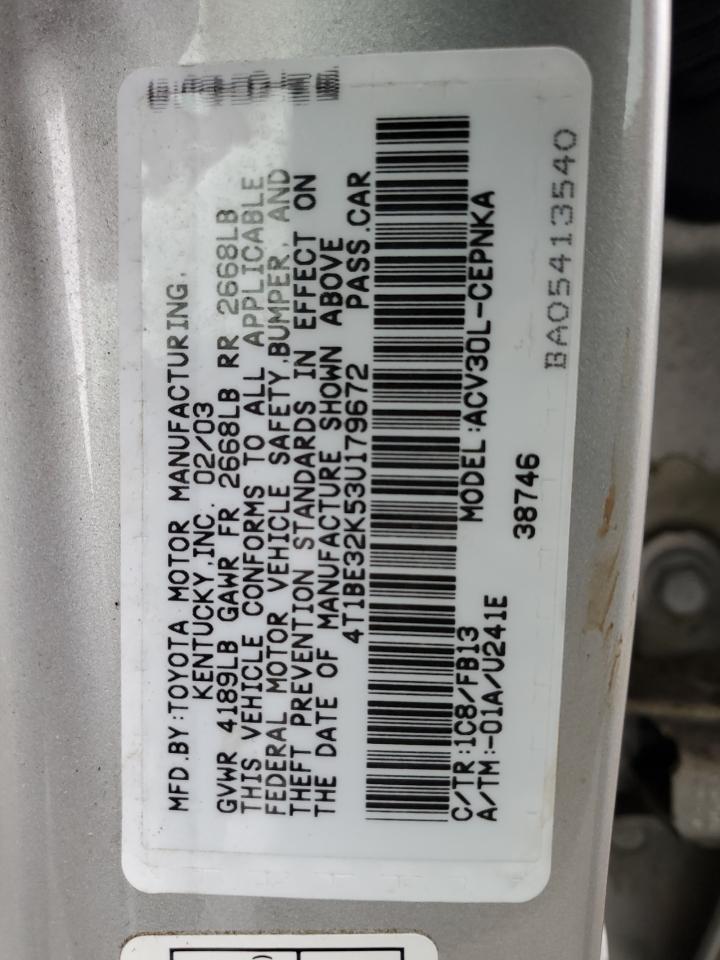 2003 Toyota Camry VIN 4T1BE32K53U179672 Copart auction photo, minor dent/scratches damage thumbnail 12