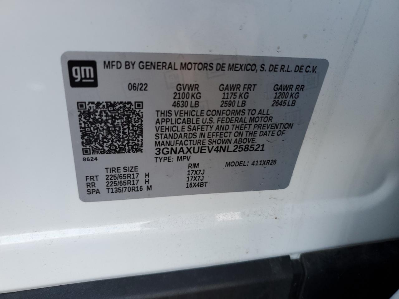 2022 Chevrolet Equinox VIN 3GNAXUEV4NL258521 Copart auction photo, front end / rear end damage thumbnail 13