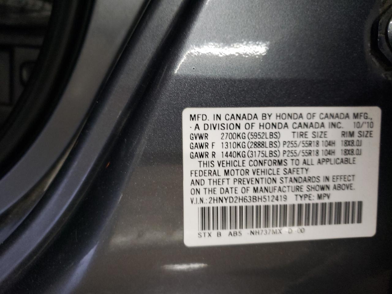 2011 Acura MDX VIN 2HNYD2H63BH512419 Copart auction photo, rear end damage thumbnail 13