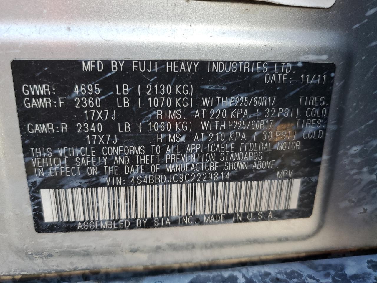 2012 Subaru Outback VIN 4S4BRDJC9C2229814 Copart auction photo, front end damage thumbnail 13
