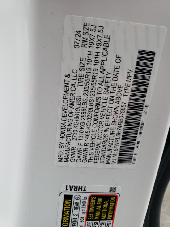 2024 Honda Odyssey VIN 5FNRL6H74RB075057 Copart auction photo, all over damage thumbnail 13
