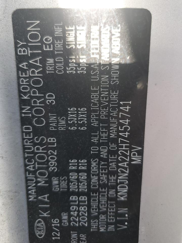 2017 KIA Soul VIN KNDJN2A22H7454741 Copart auction photo, all over damage thumbnail 12