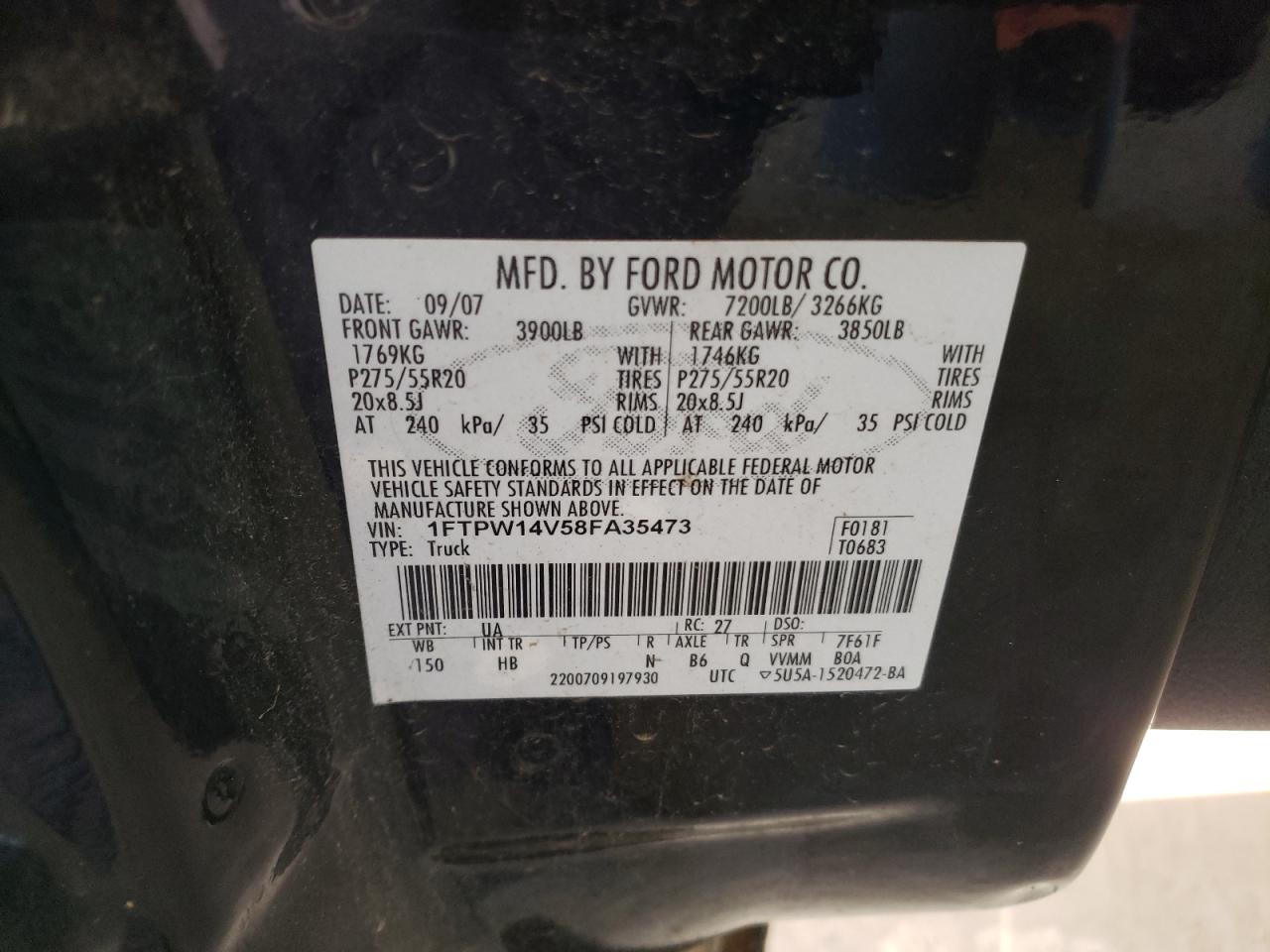 2008 Ford F-150 VIN 1FTPW14V58FA35473 Copart auction photo, front end damage thumbnail 13