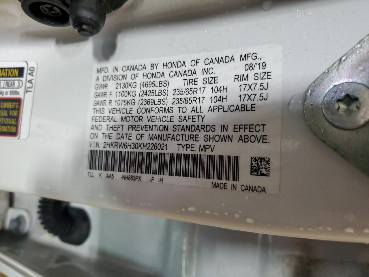 2019 Honda CR-V VIN 2HKRW6H30KH226021 Copart auction photo, front end damage thumbnail 13