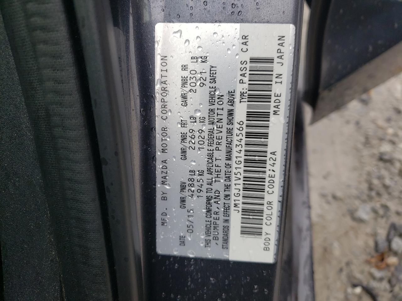 2016 Mazda 6 VIN JM1GJ1V51G1434566 Copart auction photo, front end / side damage thumbnail 14