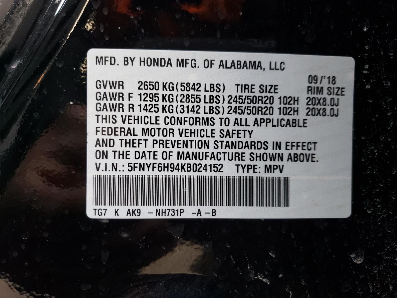 2019 Honda Pilot VIN 5FNYF6H94KB024152 Copart auction photo, side / rear end damage thumbnail 15