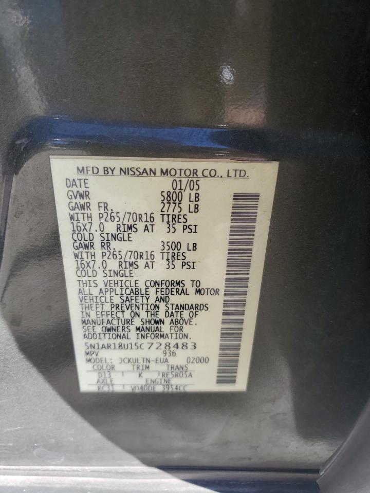 2005 Nissan Pathfinder VIN 5N1AR18U15C728483 Copart auction photo, front end damage thumbnail 16