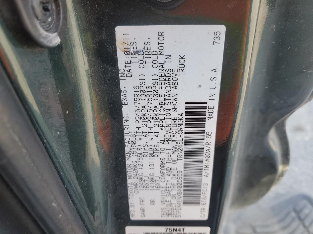 2011 Toyota Tacoma VIN 5TFUX4ENXBX005659 Copart auction photo, front end damage thumbnail 12