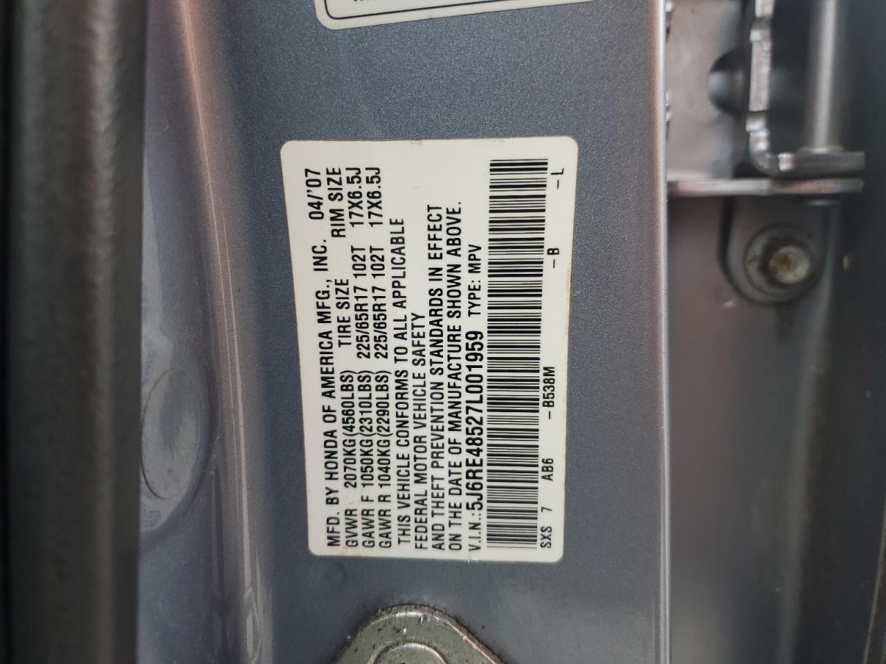 2007 Honda CR-V VIN 5J6RE48527L001959 Copart auction photo, rear end / front end damage thumbnail 13