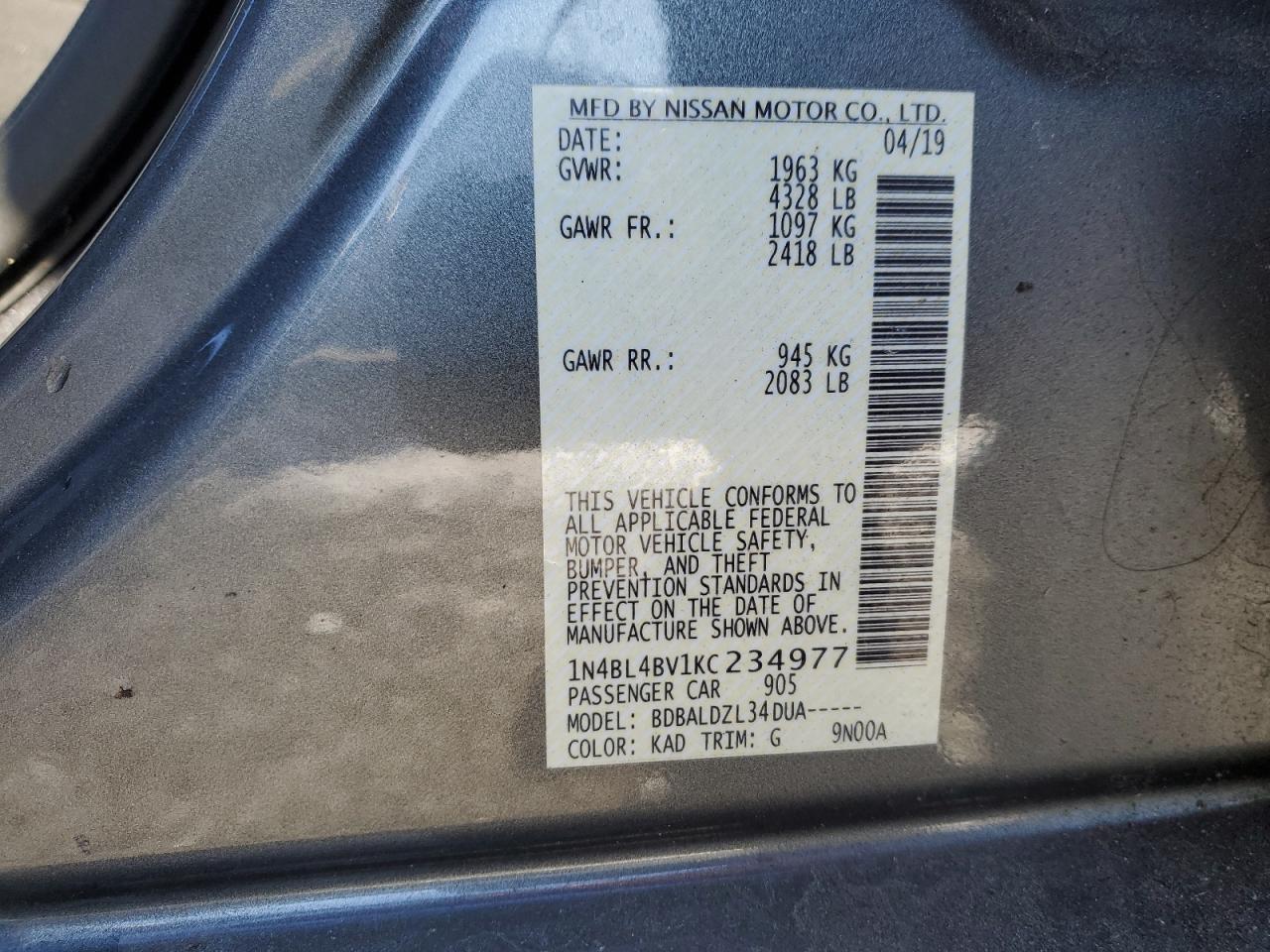 2019 Nissan Altima VIN 1N4BL4BV1KC234977 Copart auction photo, front end / side damage thumbnail 12