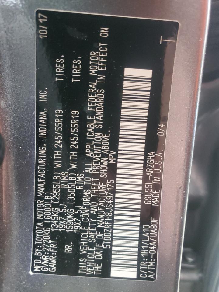 2018 Toyota Highlander VIN 5TDDZRFH8JS497175 Copart auction photo, front end / side damage thumbnail 12
