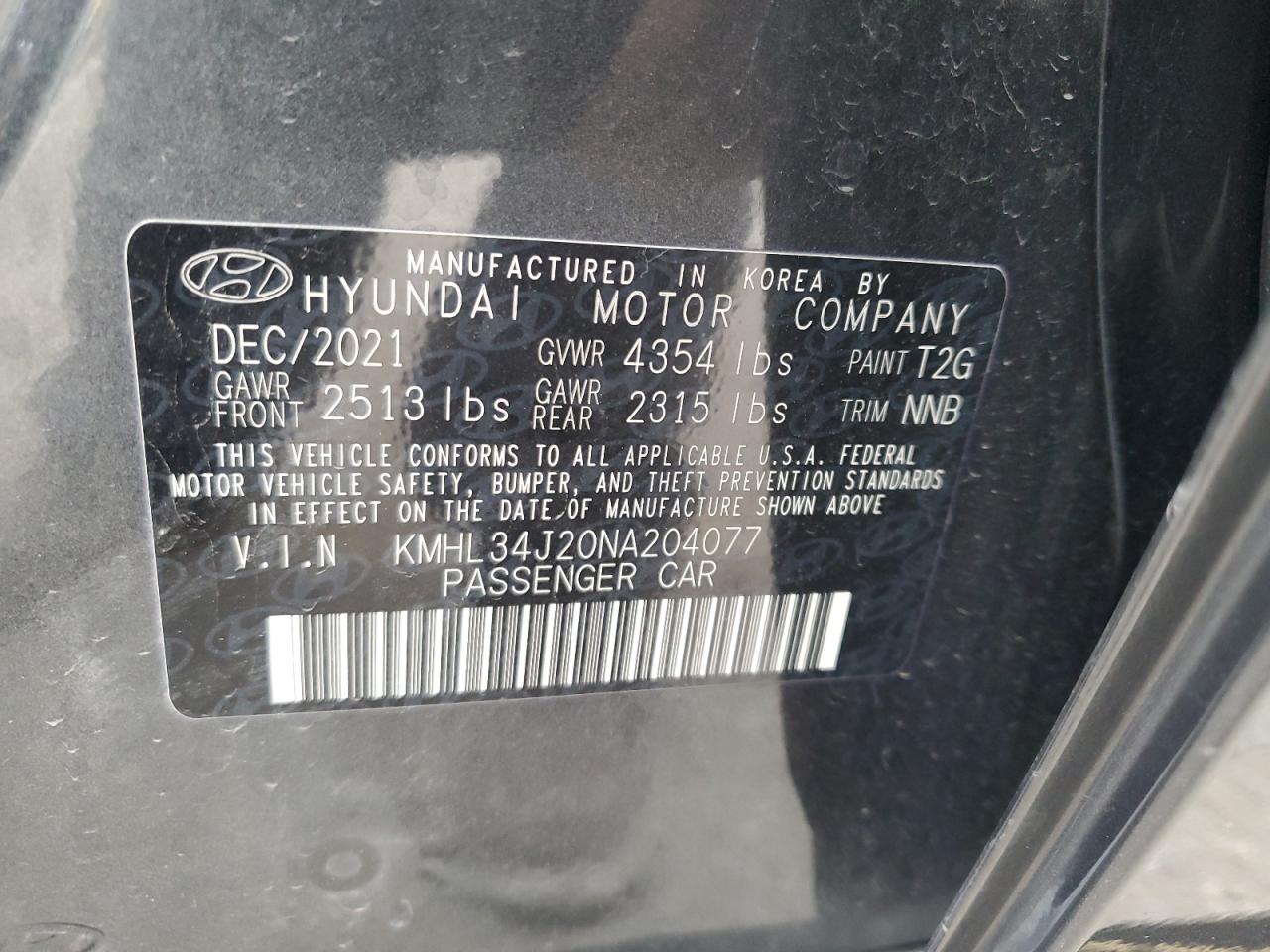 2022 Hyundai Sonata VIN KMHL34J20NA204077 Copart auction photo, front end damage thumbnail 12