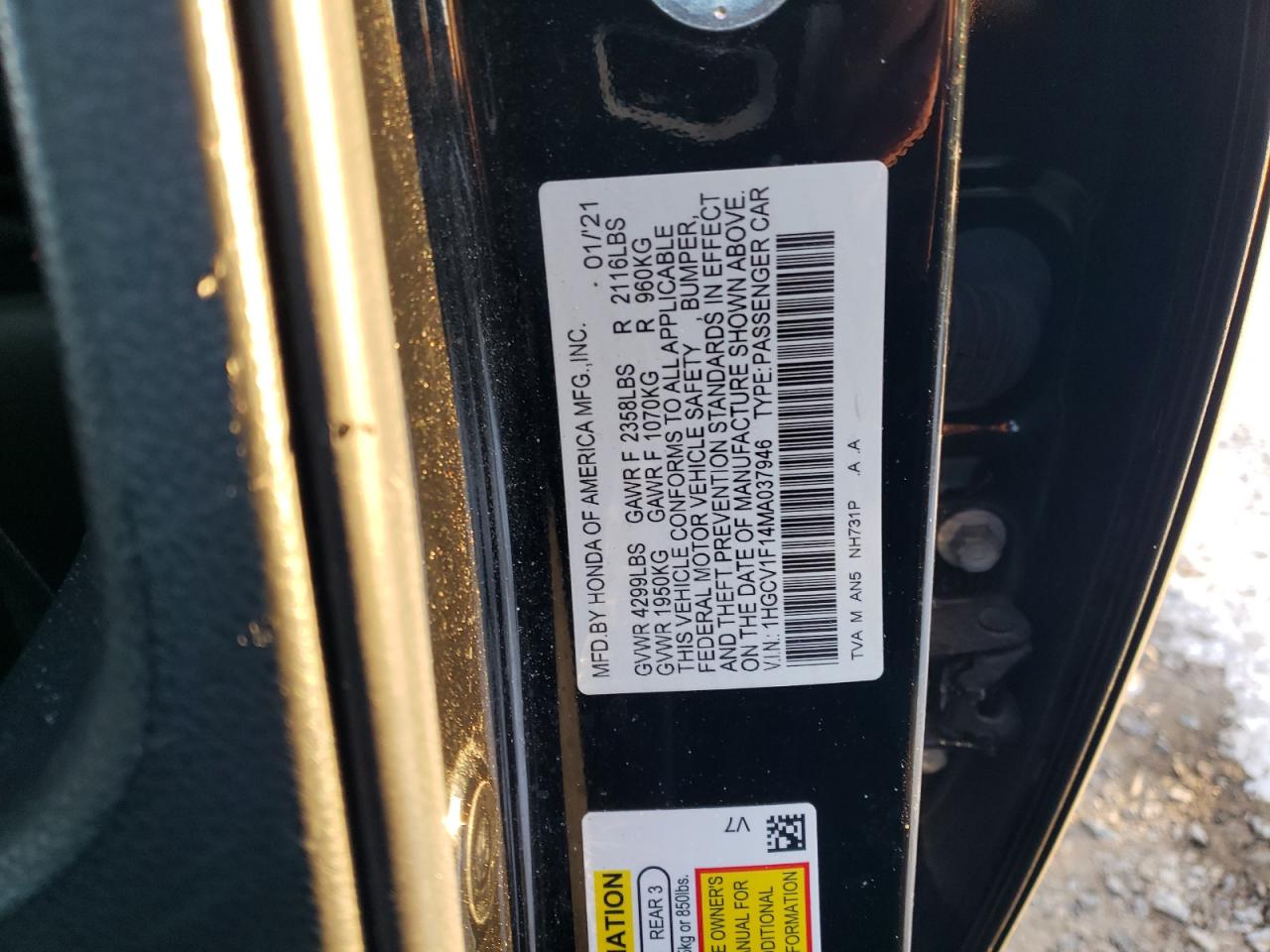 2021 Honda Accord VIN 1HGCV1F14MA037946 Copart auction photo, side / front end damage thumbnail 12