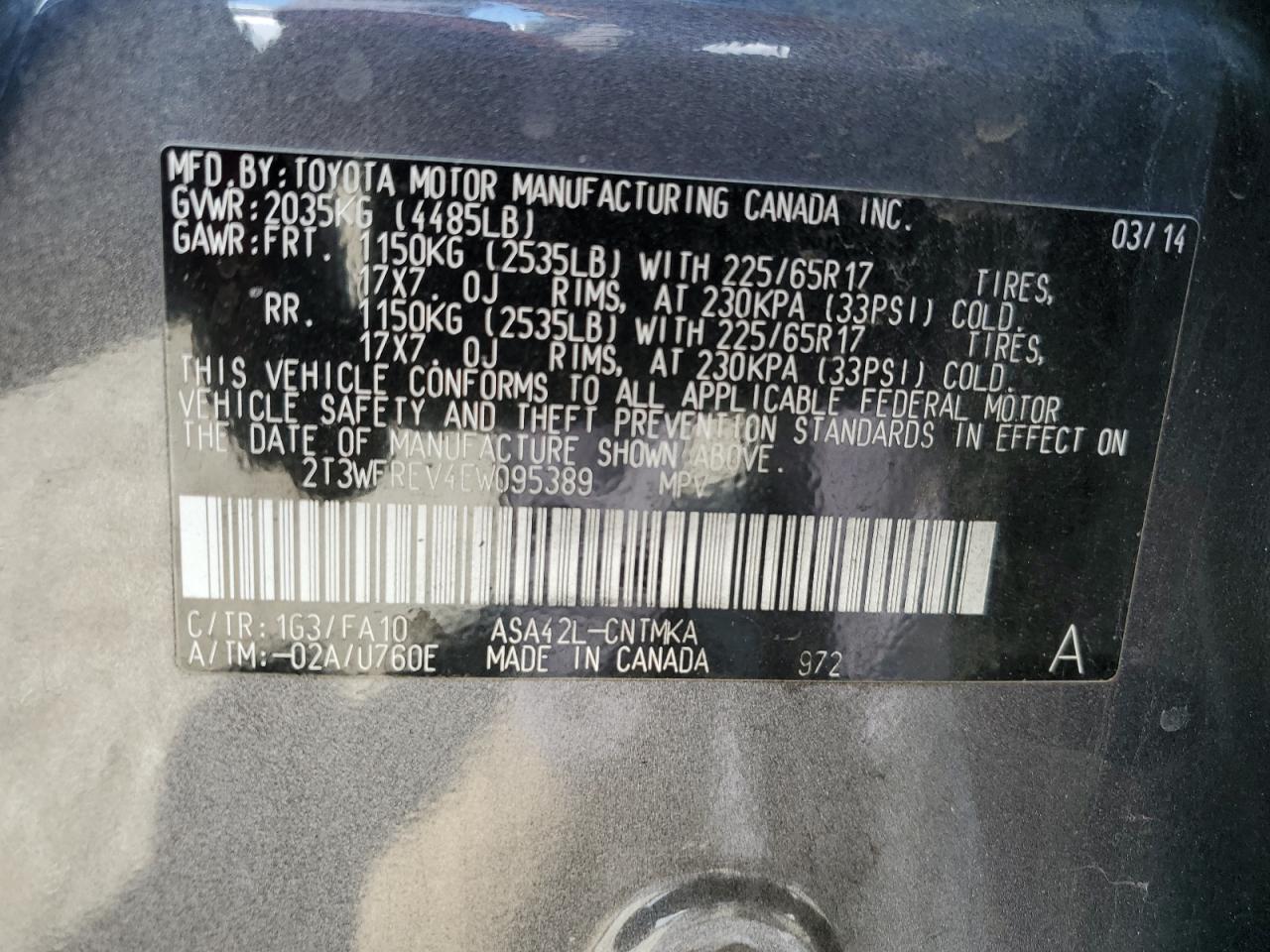 2014 Toyota RAV 4 VIN 2T3WFREV4EW095389 Copart auction photo, burn - engine / front end damage thumbnail 14